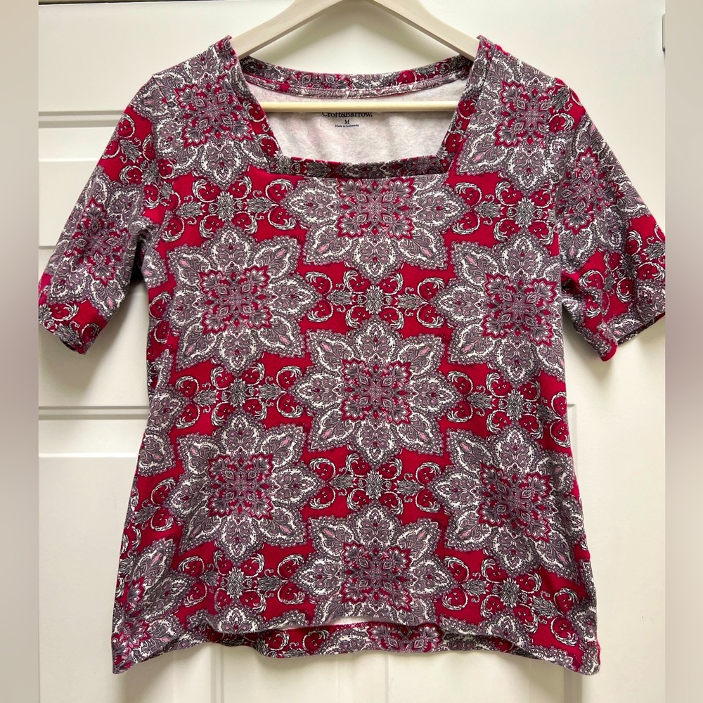 Croft & Barrow | Dark Pink Paisley Medallion Print Square Neck Short Sleeve Top